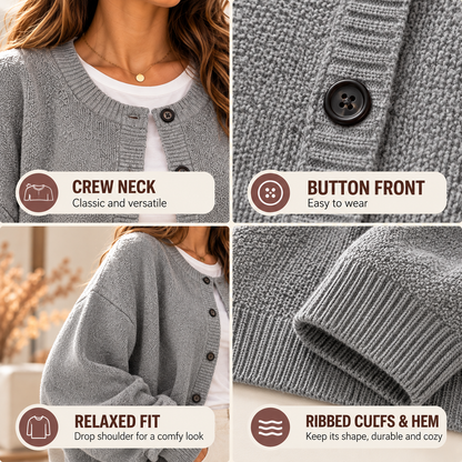 Women's Cozy Oversized Crew Neck Button Front Knit Cardigan Sweater
