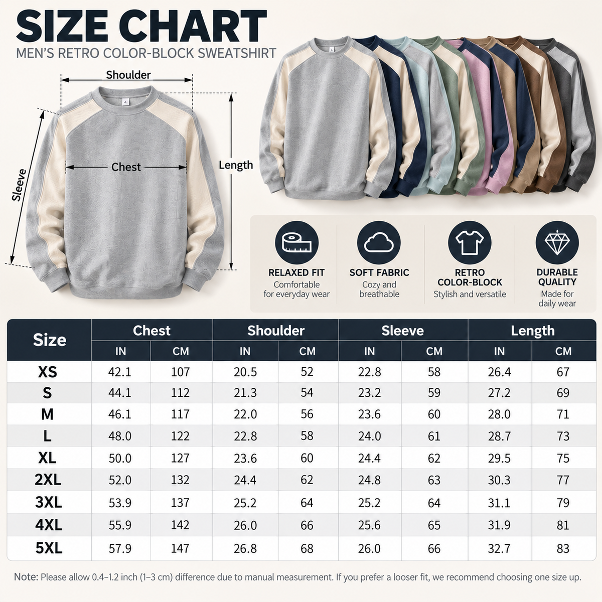 Men's Retro Color Block Crew Neck Relaxed Fit Pullover Sweatshirt