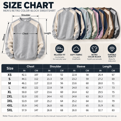 Men's Retro Color Block Crew Neck Relaxed Fit Pullover Sweatshirt