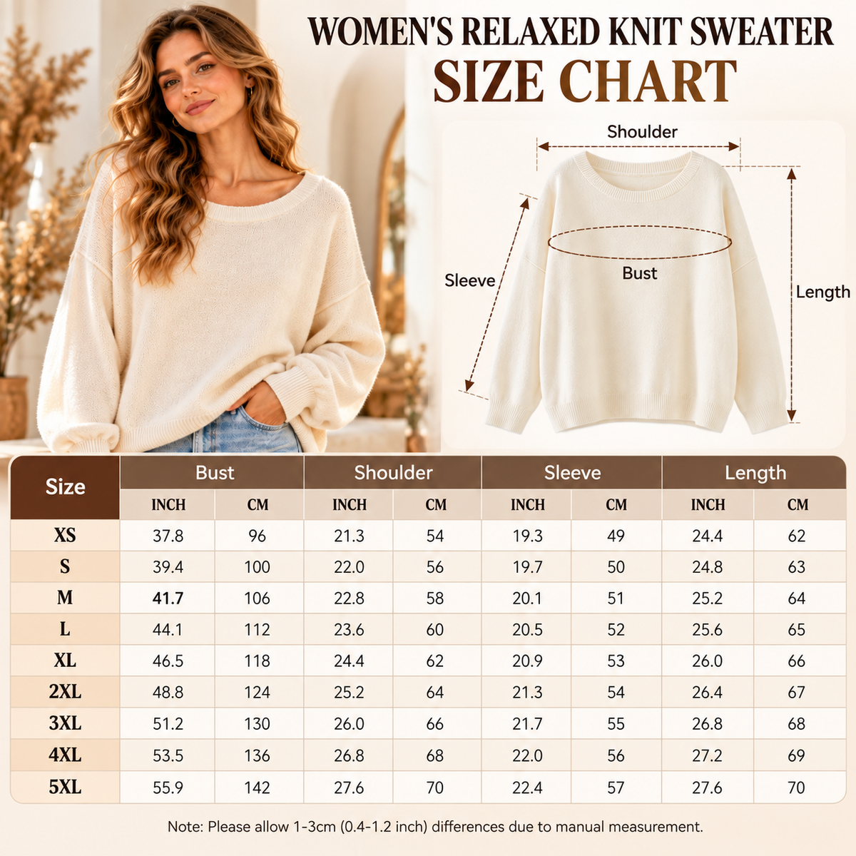 Women's Cozy Solid Color Crew Neck Relaxed Fit Knit Sweater