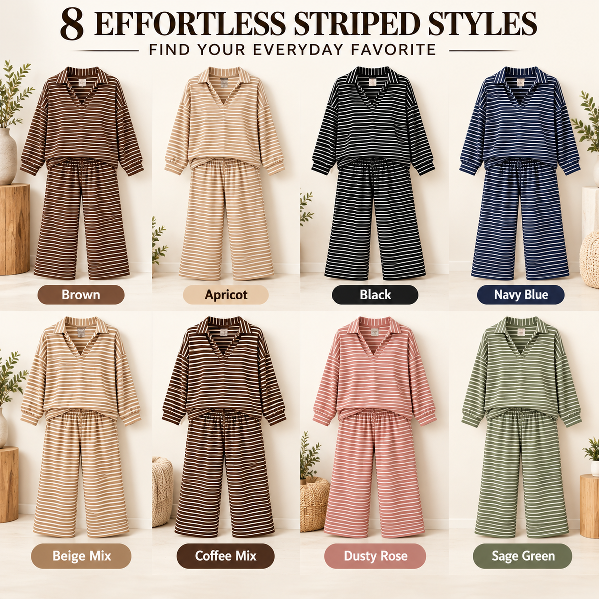 Eight striped lounge outfit colors brown apricot black navy beige mix coffee mix dusty rose and sage green