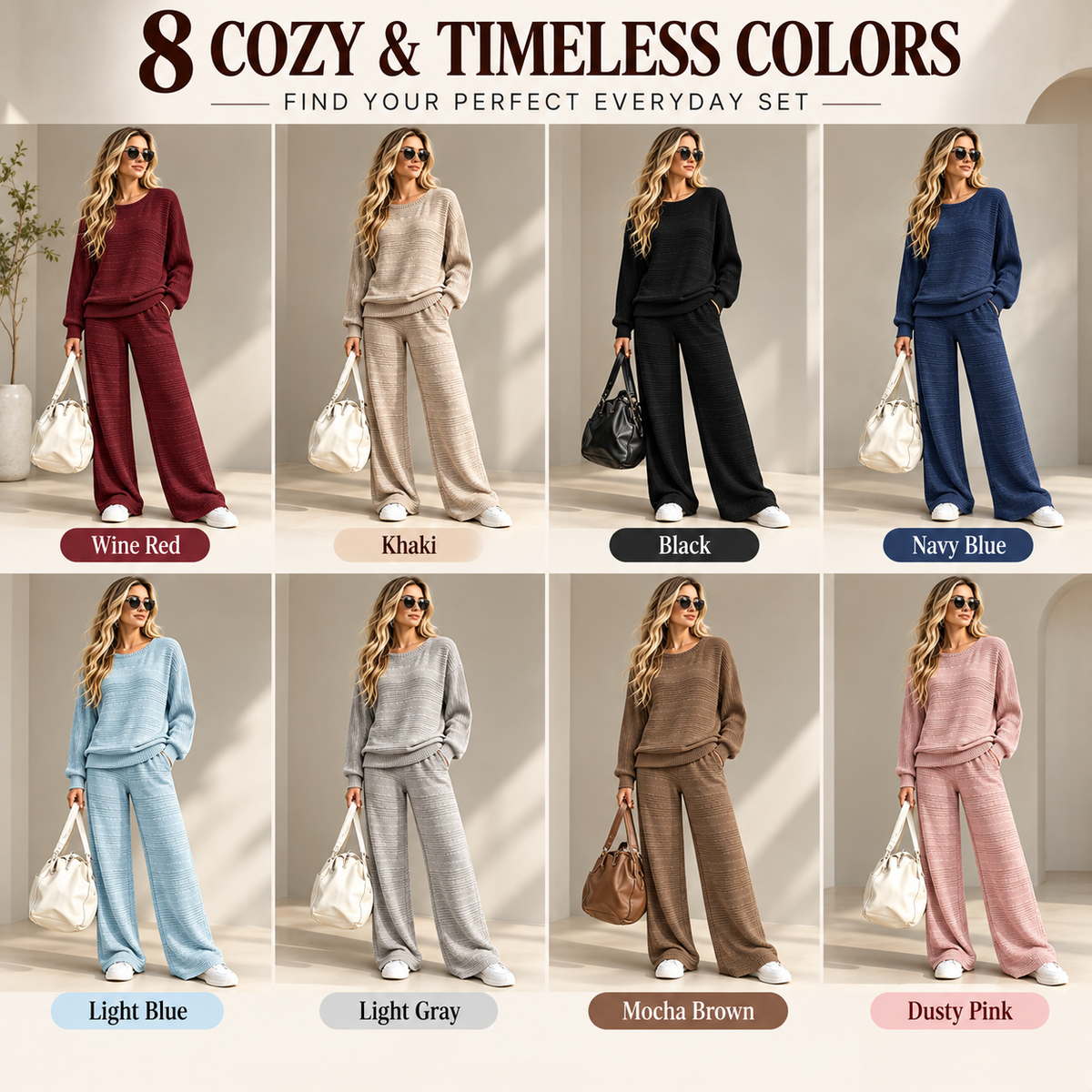 Women's Cozy Textured Knit Crew Neck Sweater and Wide Leg Pants Lounge Outfit