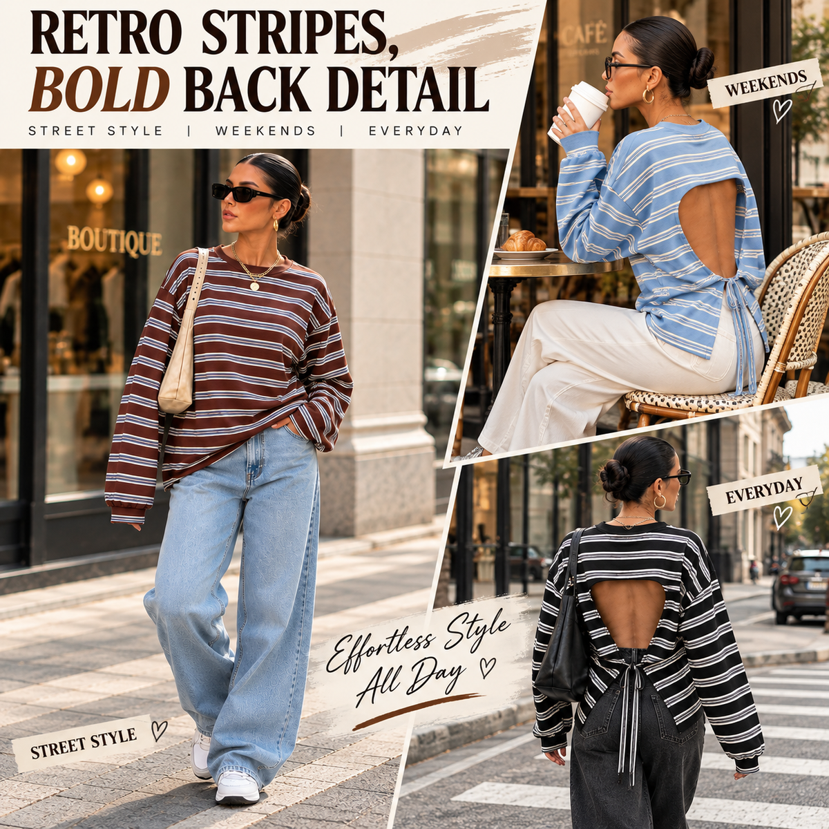Women's Retro Striped Open Back Tie Detail Relaxed Fit Long Sleeve Top