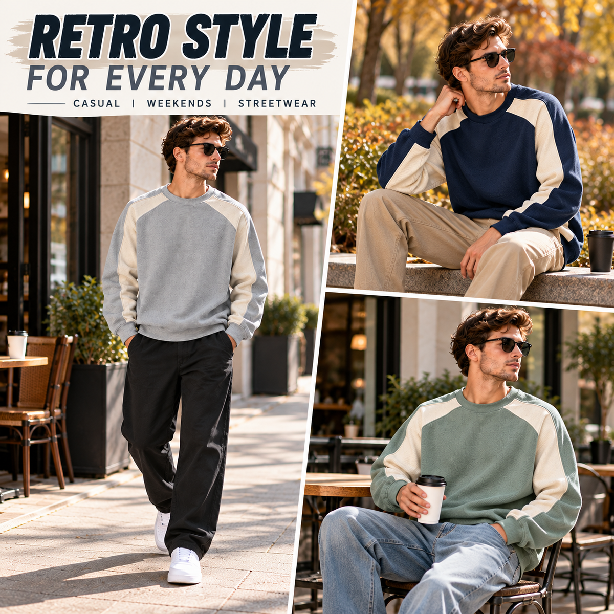 Men's Retro Color Block Crew Neck Relaxed Fit Pullover Sweatshirt