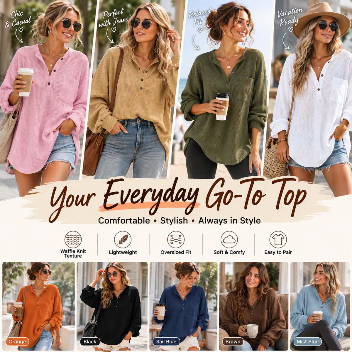 Women's Oversized Waffle Knit Henley Top – Relaxed Fit Long Sleeve Casual Shirt