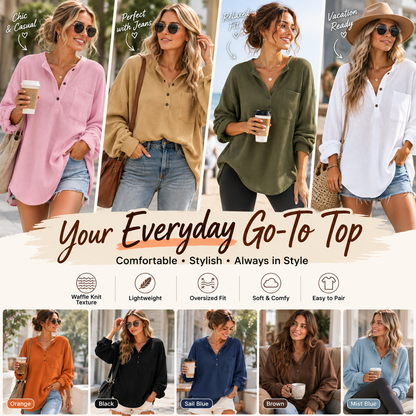 Women's Oversized Waffle Knit Henley Top – Relaxed Fit Long Sleeve Casual Shirt