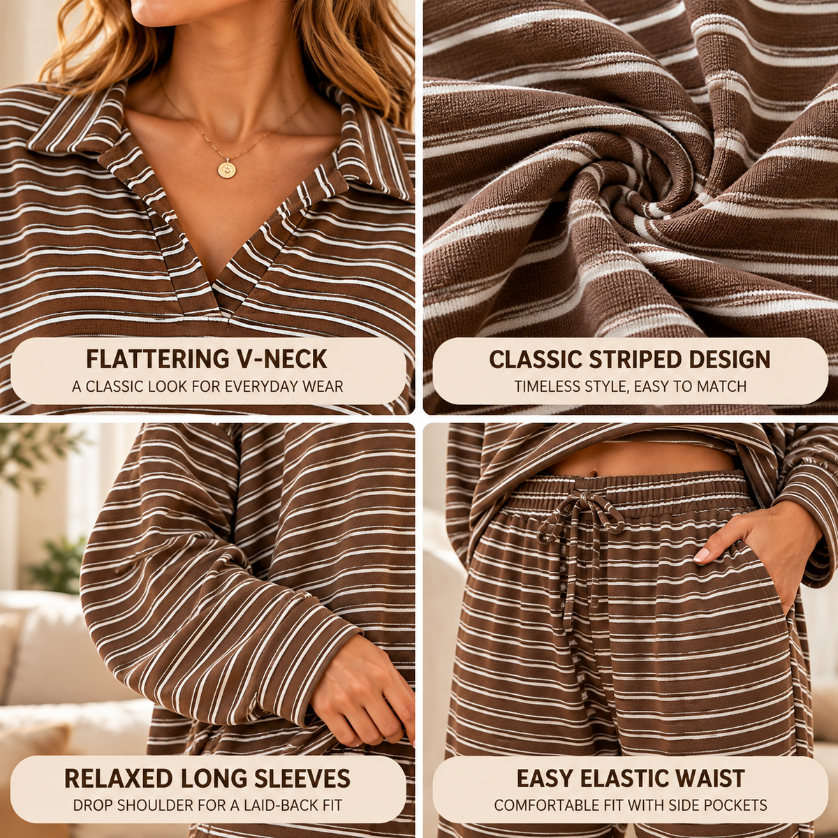 Women's Casual Striped Long Sleeve Collared Top and Wide Leg Pants Lounge Outfit