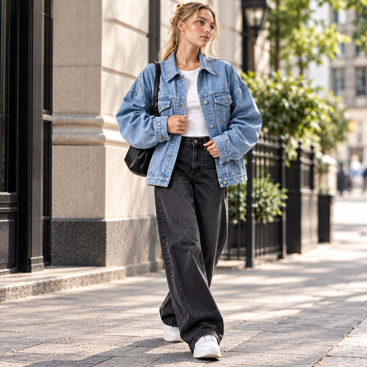 Women's Vintage Washed Denim Button Front Relaxed Fit Jacket with Pockets