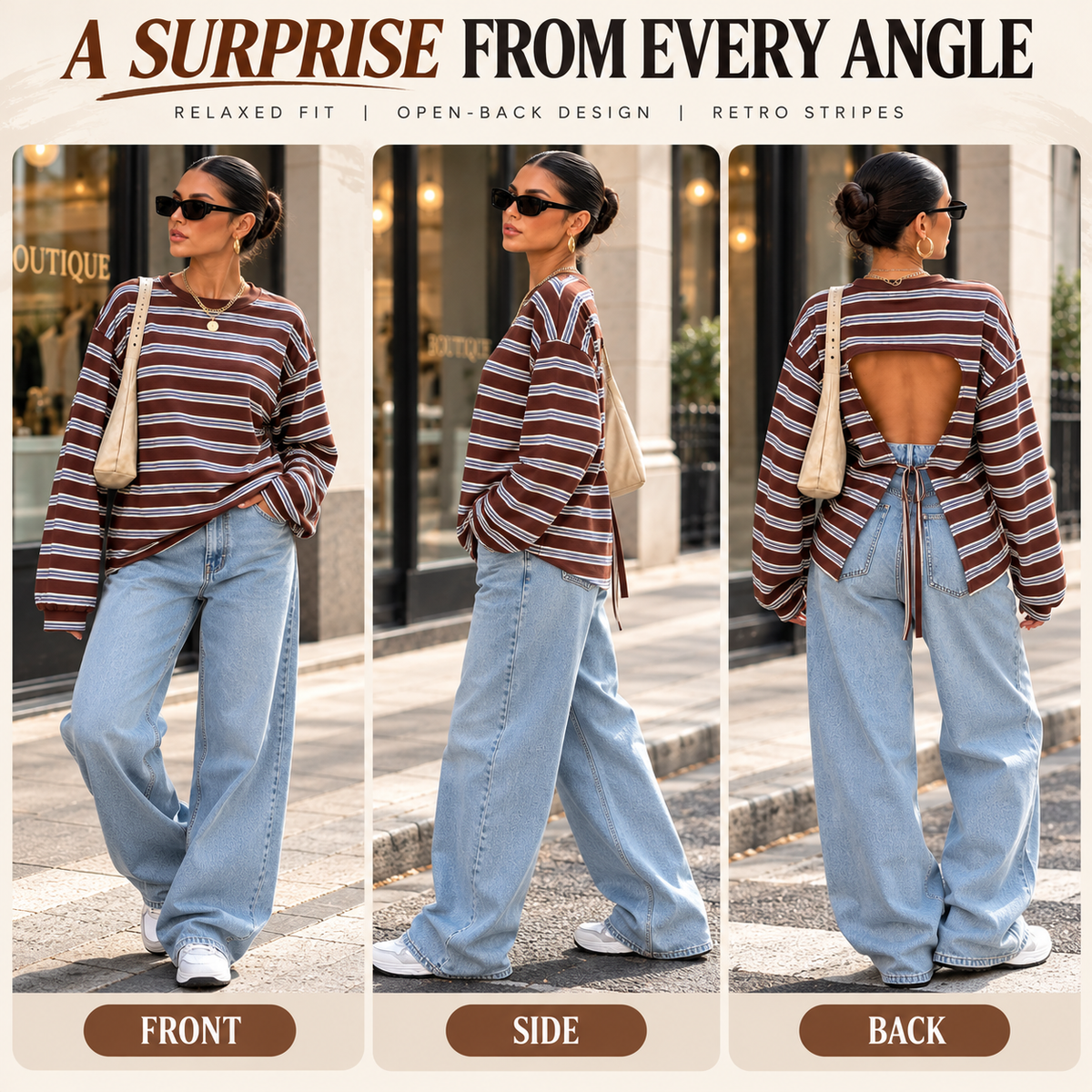 Front side and back views of relaxed brown striped open-back long-sleeve top
