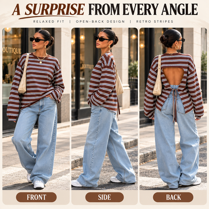 Women's Retro Striped Open Back Tie Detail Relaxed Fit Long Sleeve Top
