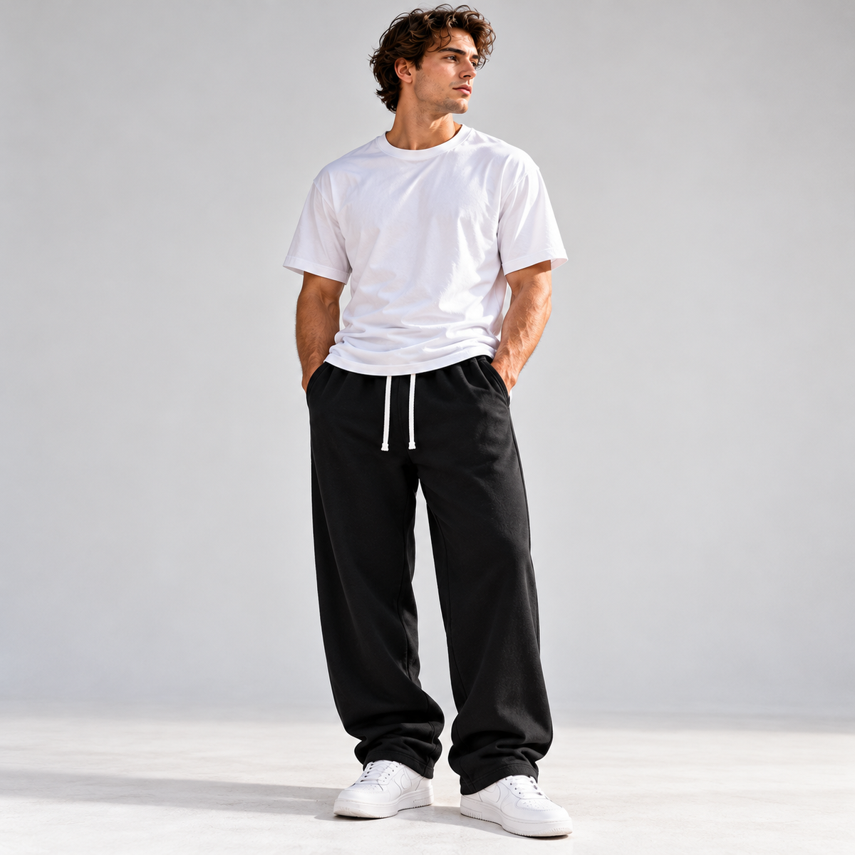 Men's black relaxed drawstring sweatpants styled with white T-shirt and sneakers