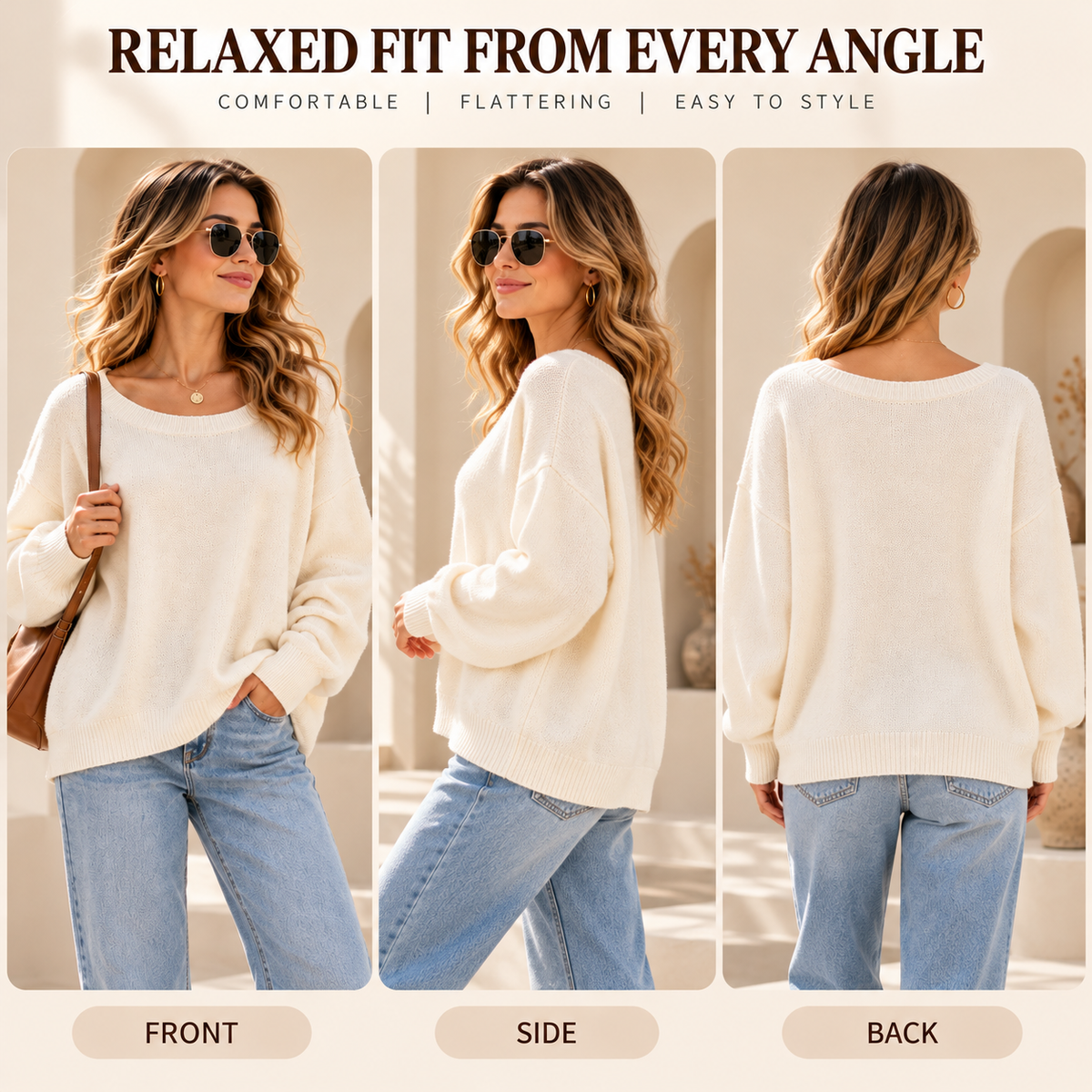 Front, side and back views of a woman wearing a cream oversized scoop-neck knit sweater with jeans