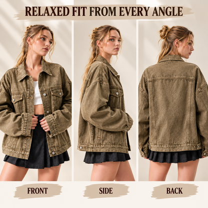 Women's Vintage Washed Denim Button Front Relaxed Fit Jacket with Pockets