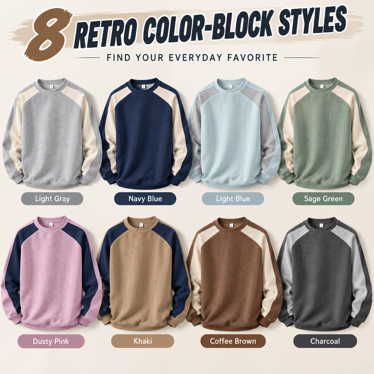 Men's Retro Color Block Crew Neck Relaxed Fit Pullover Sweatshirt