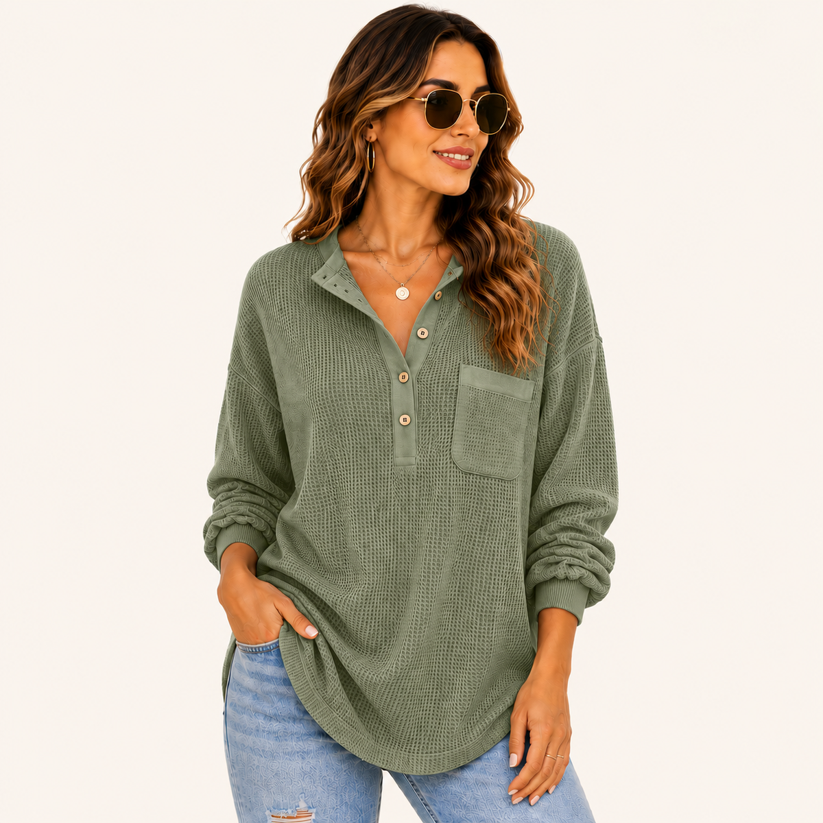 Women's Oversized Waffle Knit Henley Top – Relaxed Fit Long Sleeve Casual Shirt