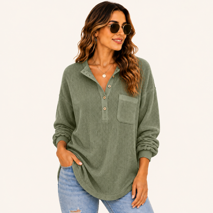 Women's Oversized Waffle Knit Henley Top – Relaxed Fit Long Sleeve Casual Shirt