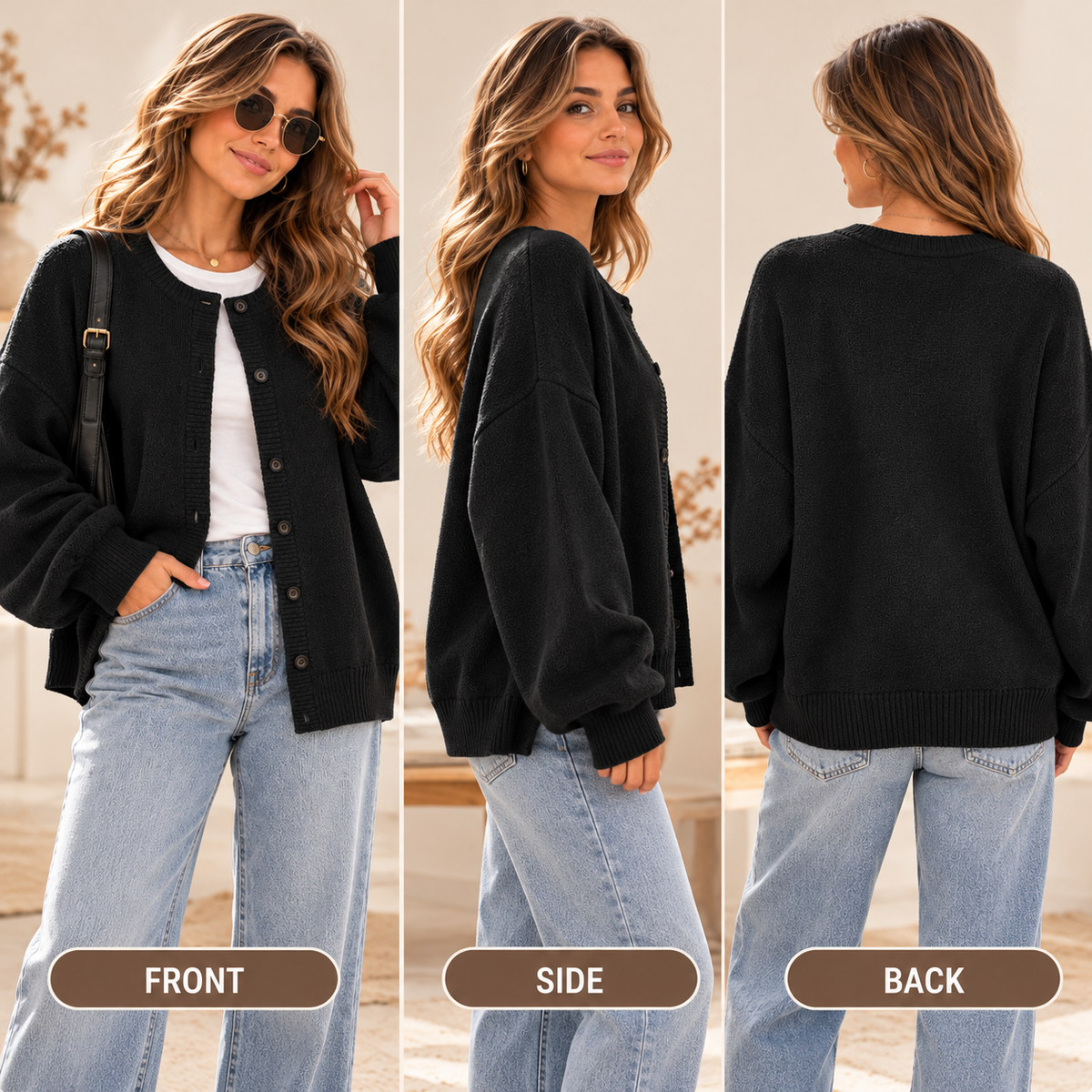 Front, side and back views of a woman wearing a black oversized button-front cardigan with blue jeans
