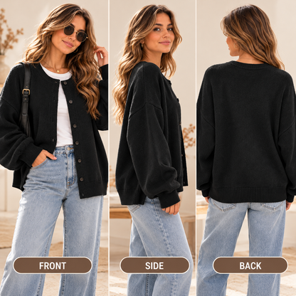 Women's Cozy Oversized Crew Neck Button Front Knit Cardigan Sweater