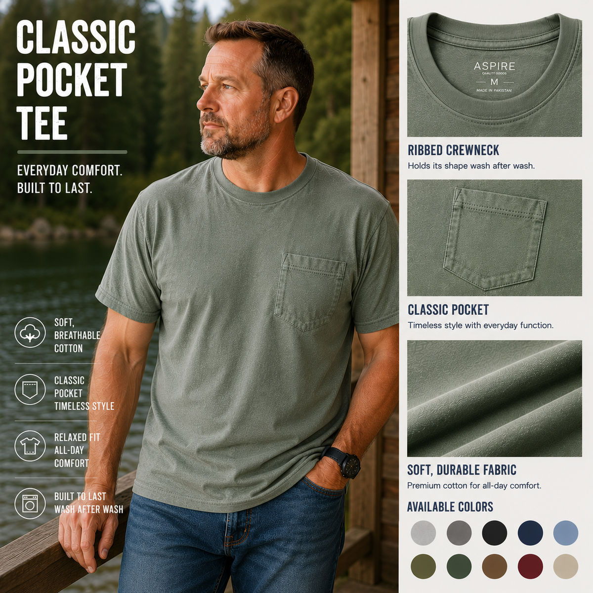 🔥Men's Heavyweight Cotton Pocket T-Shirt – Relaxed Fit Everyday Casual Tee | Big & Tall Available