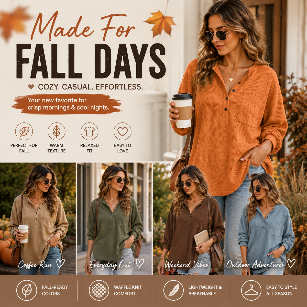 Women's Oversized Waffle Knit Henley Top – Relaxed Fit Long Sleeve Casual Shirt