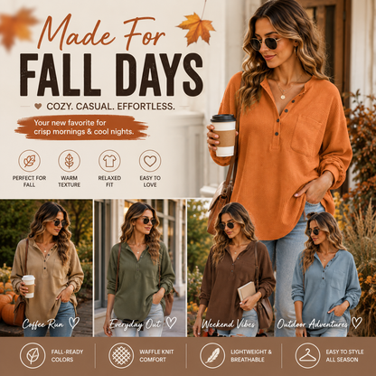 Women's Oversized Waffle Knit Henley Top – Relaxed Fit Long Sleeve Casual Shirt