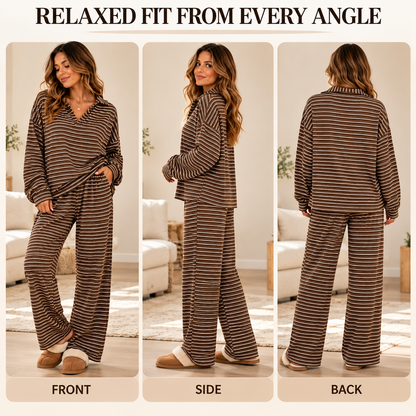 Women's Casual Striped Long Sleeve Collared Top and Wide Leg Pants Lounge Outfit