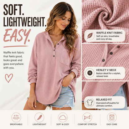 Women's Oversized Waffle Knit Henley Top – Relaxed Fit Long Sleeve Casual Shirt