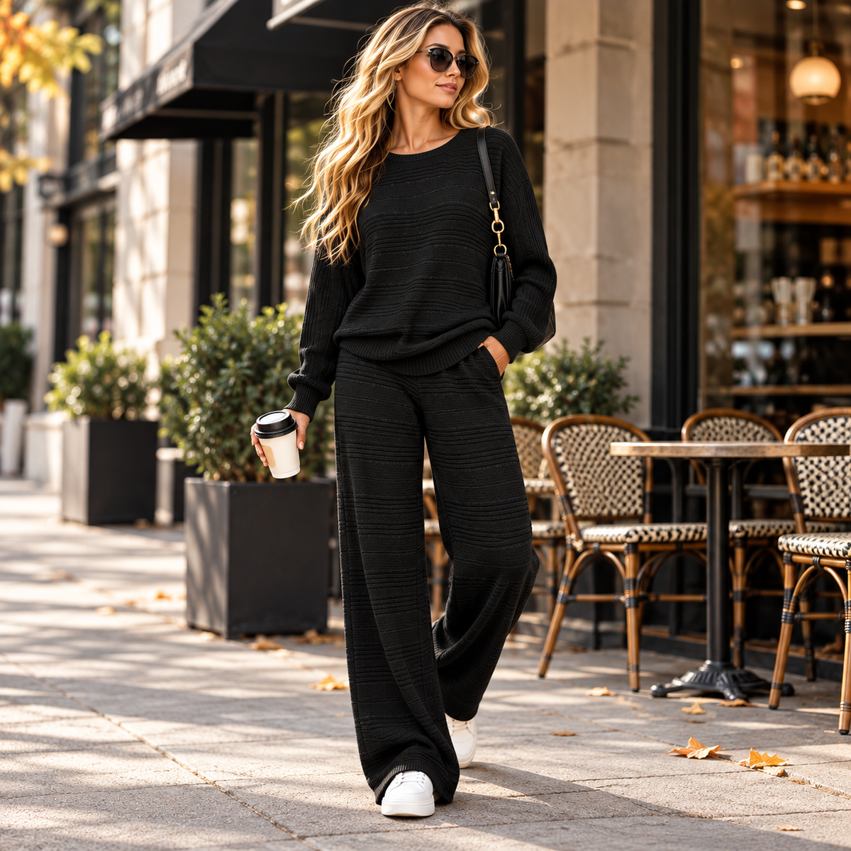 Black textured knit sweater and wide-leg pants styled with sneakers and shoulder bag outside a cafe