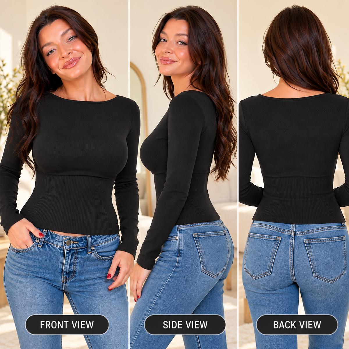 Women's Casual Long Sleeve Crew Neck Ribbed Waist Slim Fit Top