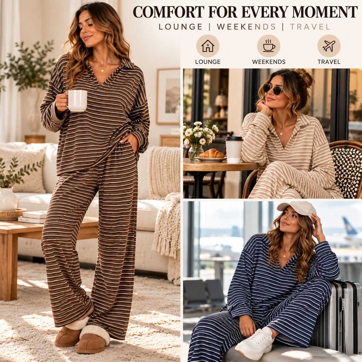 Striped lounge outfit styled for home weekends cafe visits and travel