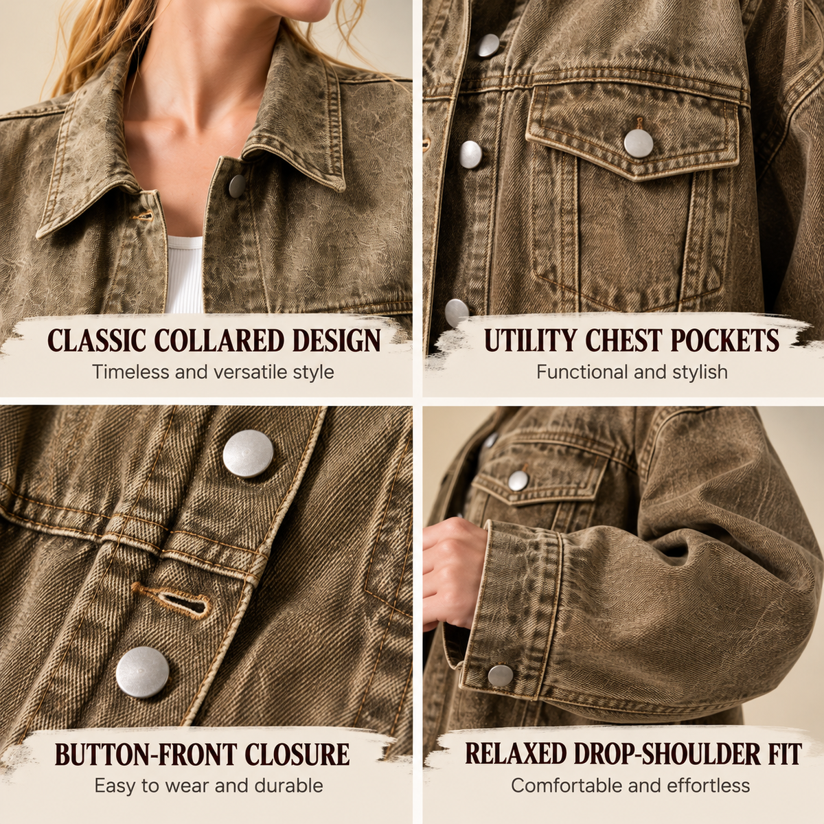 Denim jacket close-up of classic collar buttoned chest pockets metal buttons and relaxed sleeves