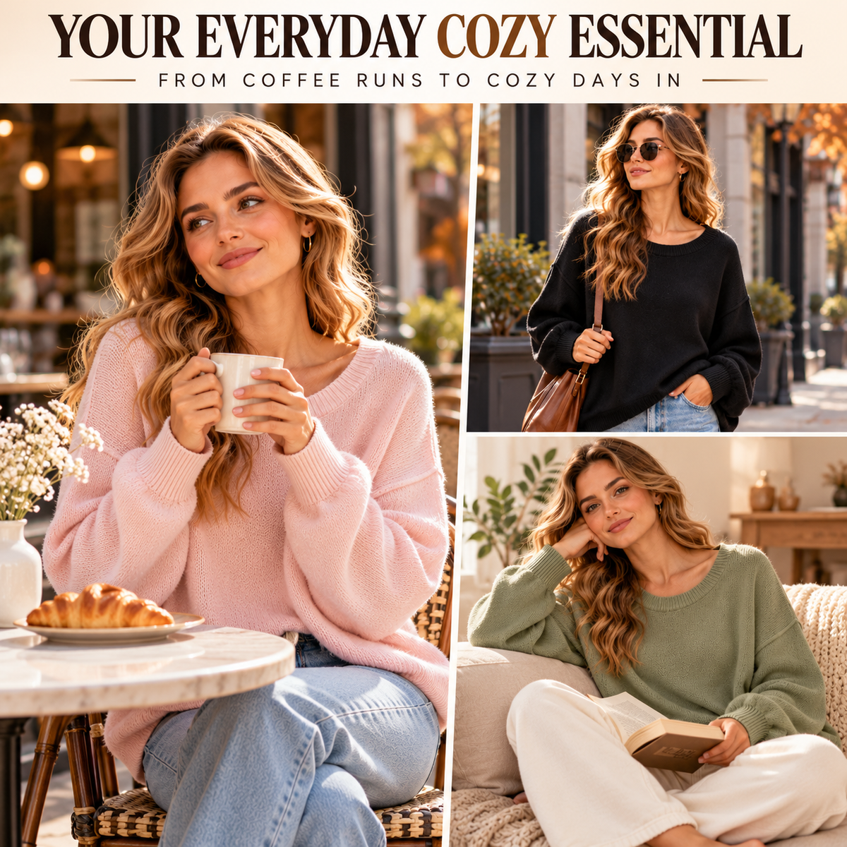 Women's Cozy Solid Color Crew Neck Relaxed Fit Knit Sweater