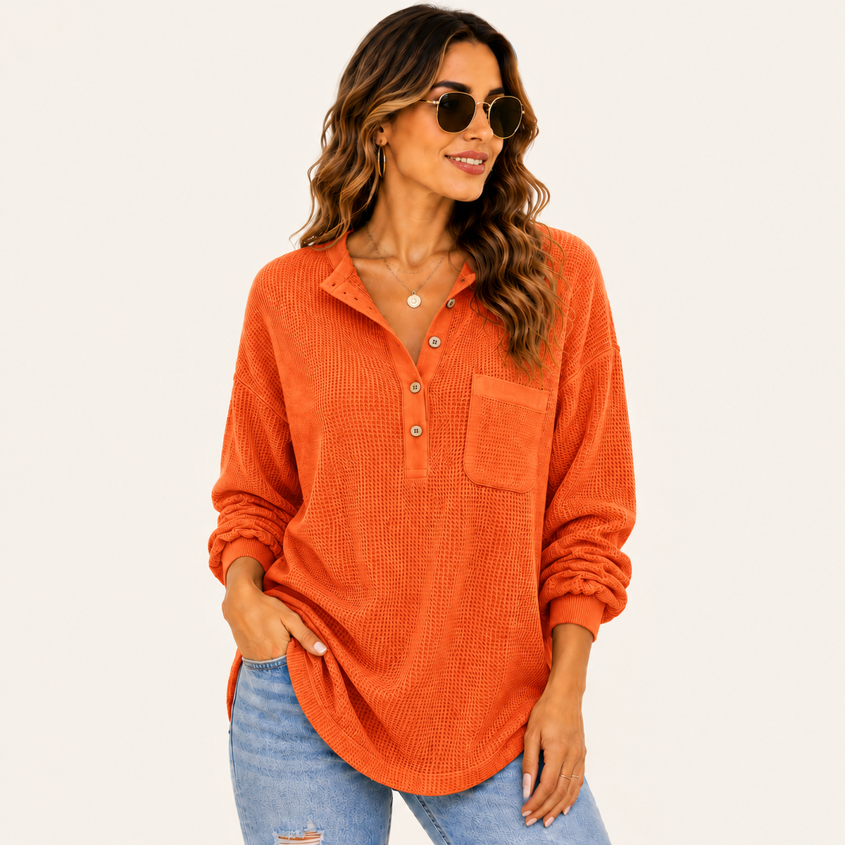 Women's Oversized Waffle Knit Henley Top – Relaxed Fit Long Sleeve Casual Shirt