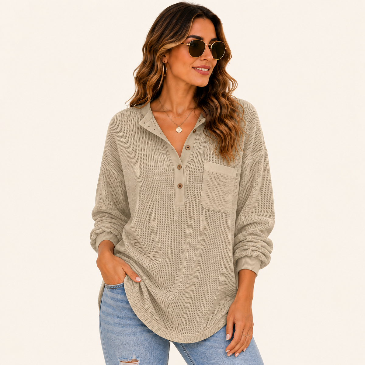Women's Oversized Waffle Knit Henley Top – Relaxed Fit Long Sleeve Casual Shirt