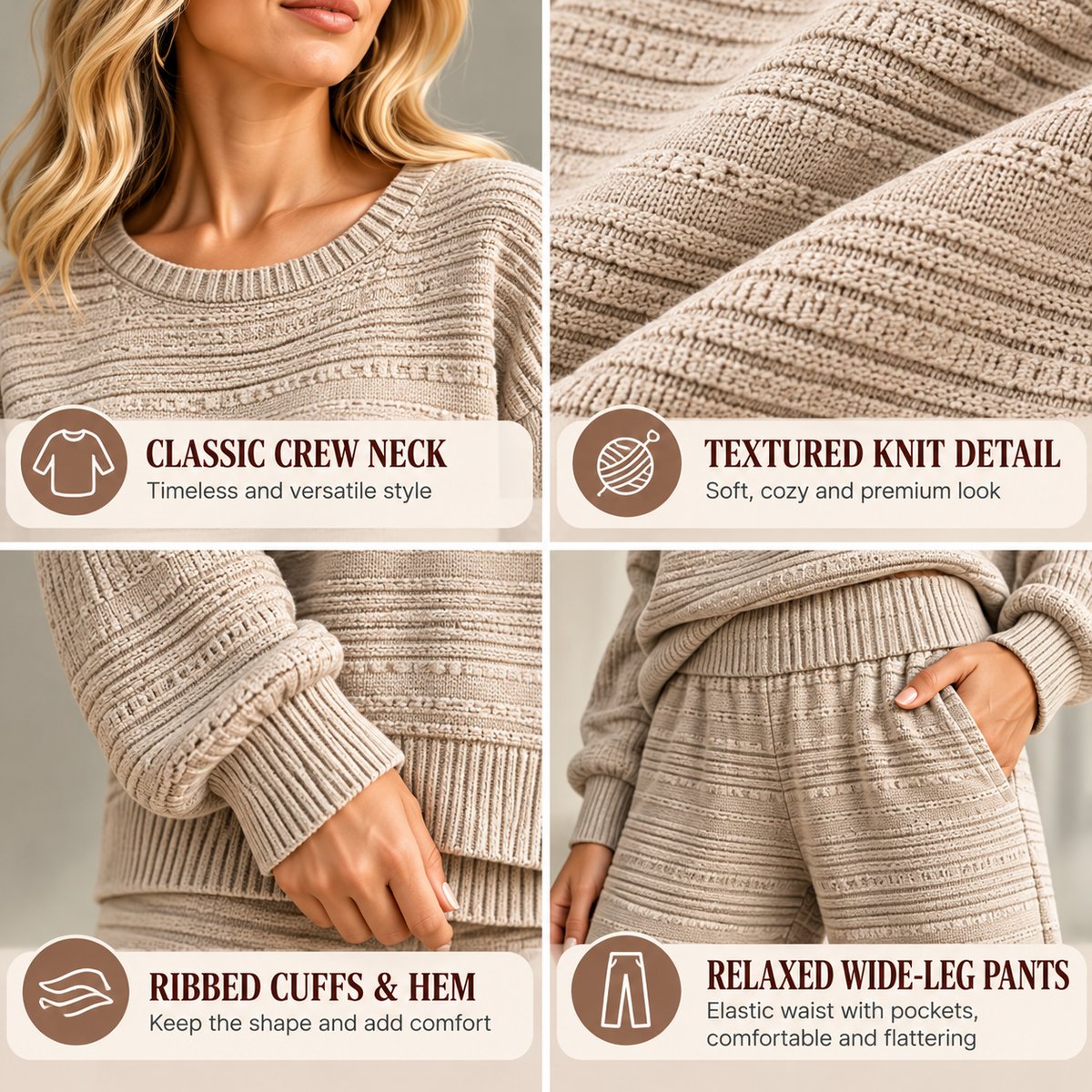 Close-up collage of knit crew neck textured fabric ribbed cuffs hem and elastic-waist pants with pockets