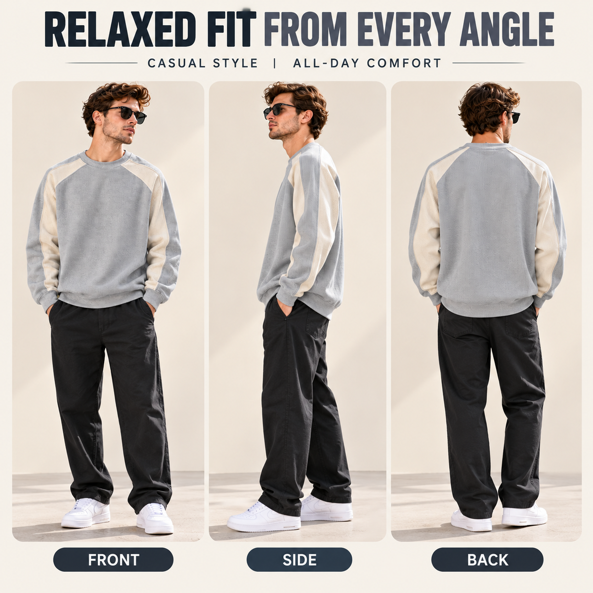 Men's Retro Color Block Crew Neck Relaxed Fit Pullover Sweatshirt