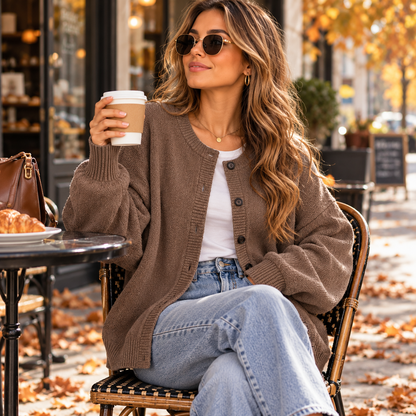 Women's Cozy Oversized Crew Neck Button Front Knit Cardigan Sweater