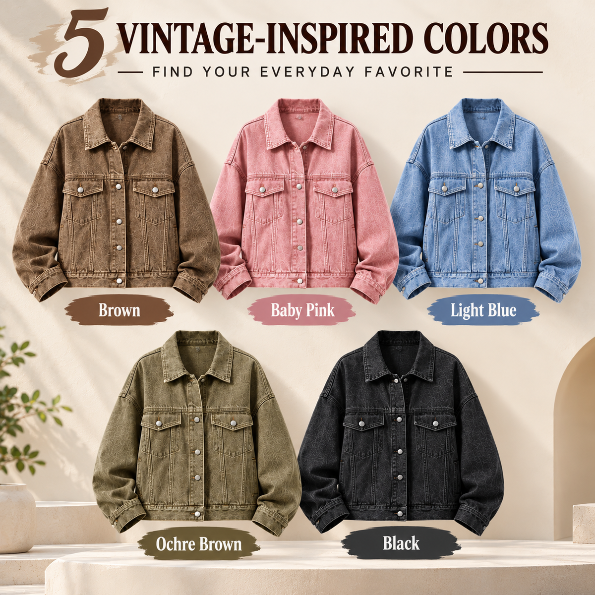 Five vintage washed denim jacket colors brown baby pink light blue ochre brown and black