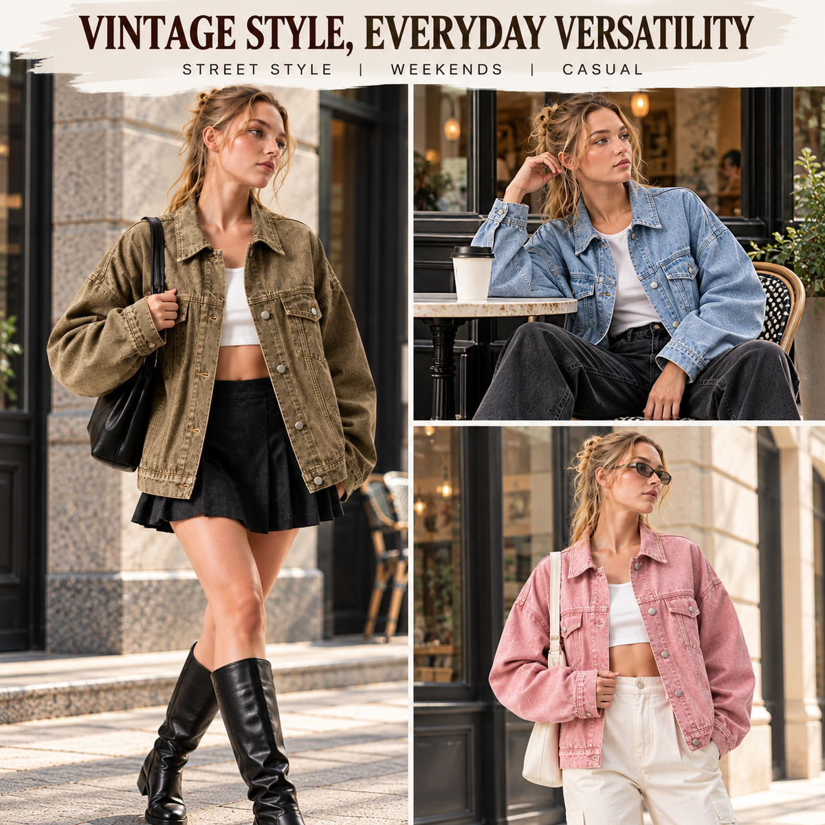 Brown blue and pink vintage washed denim jackets styled for city streets cafes and casual weekends