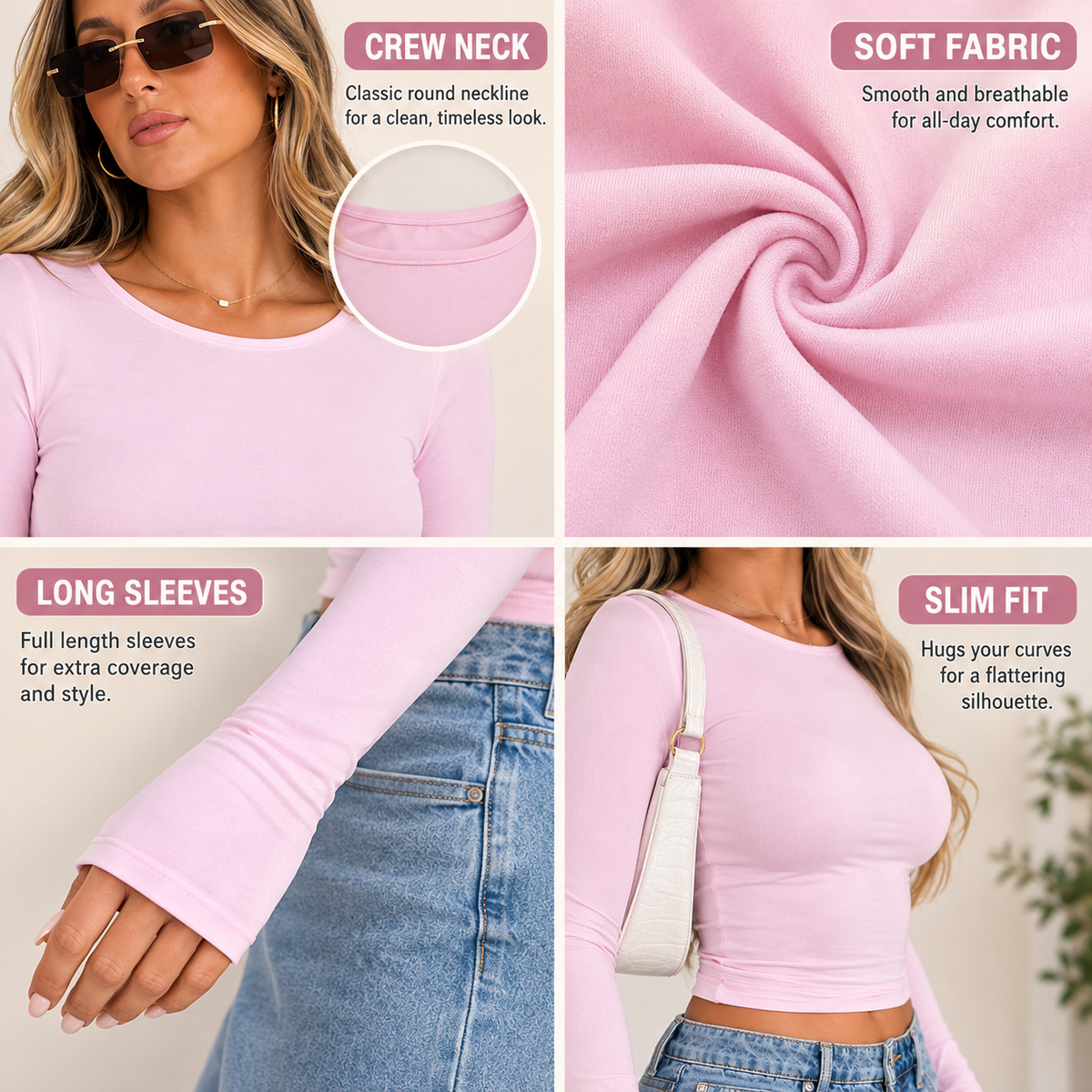 Four detail views showing the pink top's crew neckline, smooth-looking fabric, long sleeves and slim fit silhouette