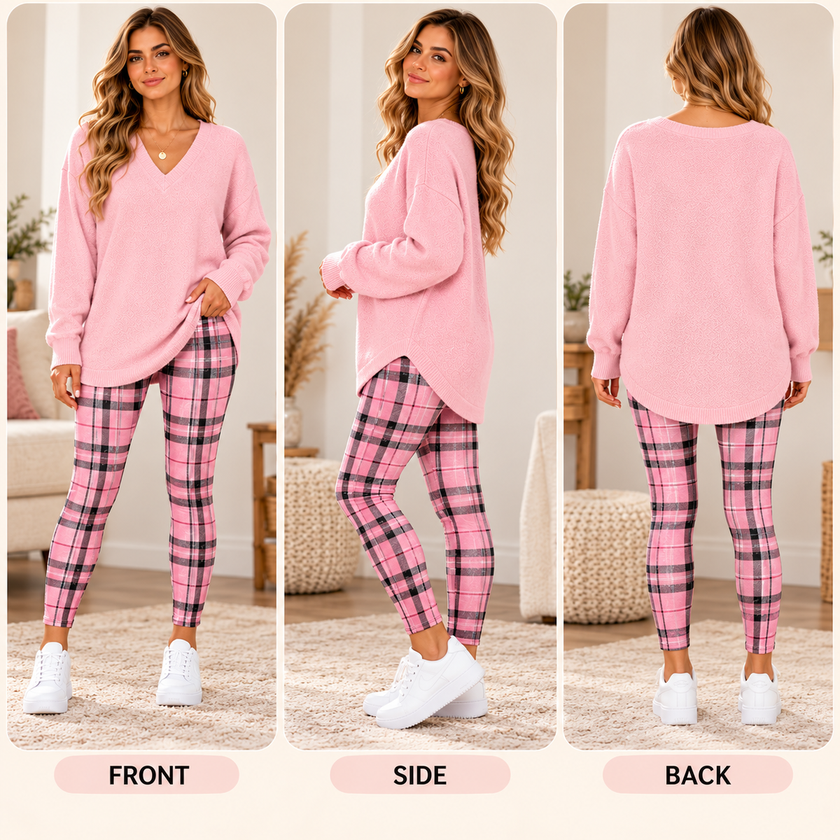 Front side and back views of pink V-neck relaxed tunic and pink plaid fitted leggings