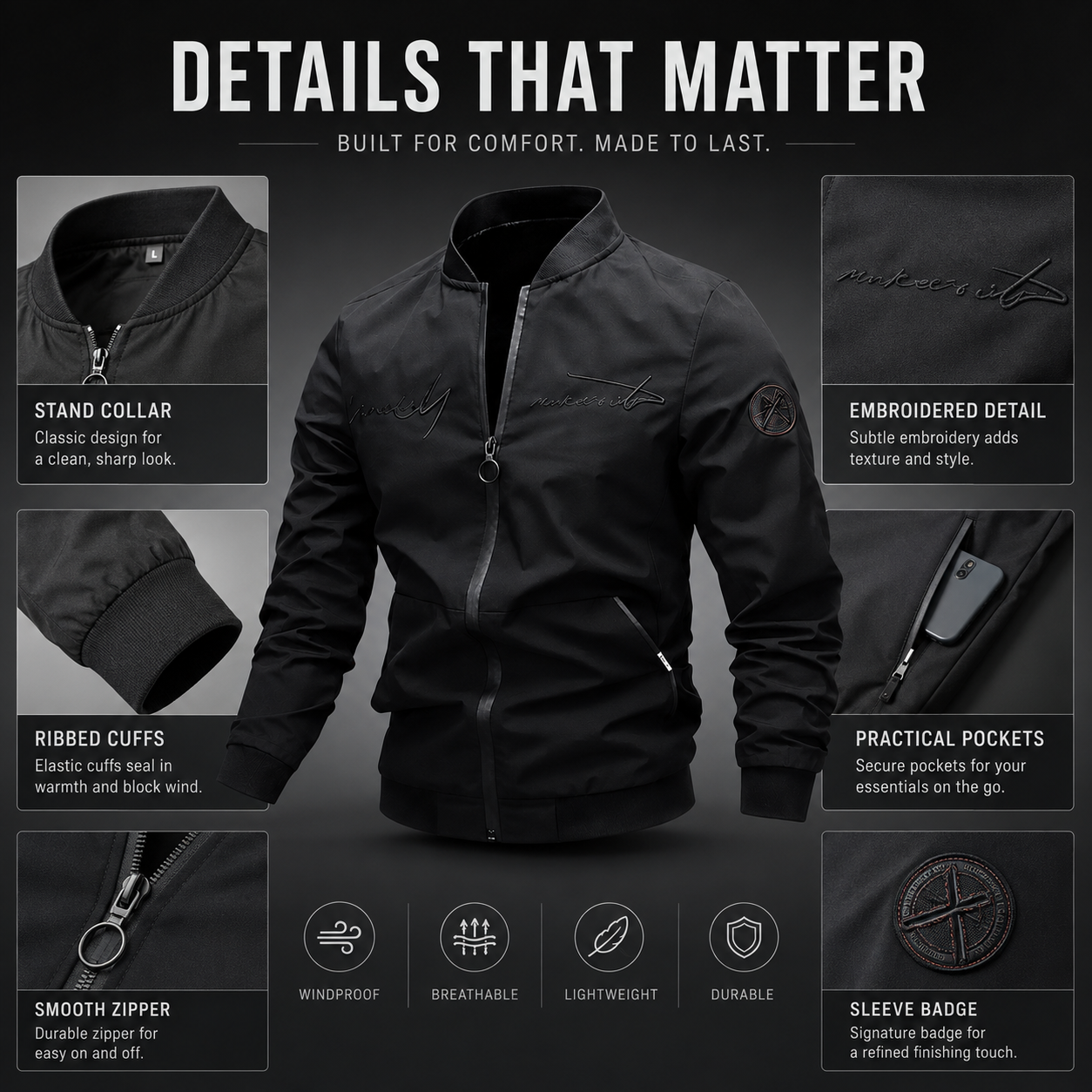 Men’s Casual Bomber Jacket – Lightweight Full-Zip Everyday Jacket with Pockets