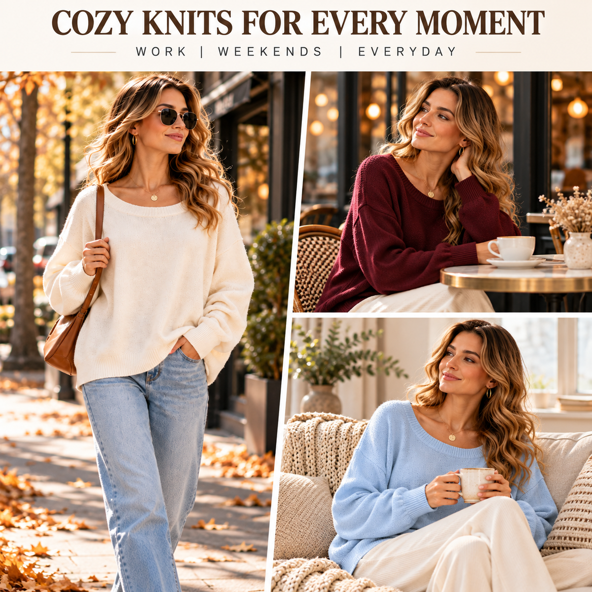 Women's oversized knit sweater lifestyle collage showing cream street outfit, burgundy cafe styling and light blue sweater at home
