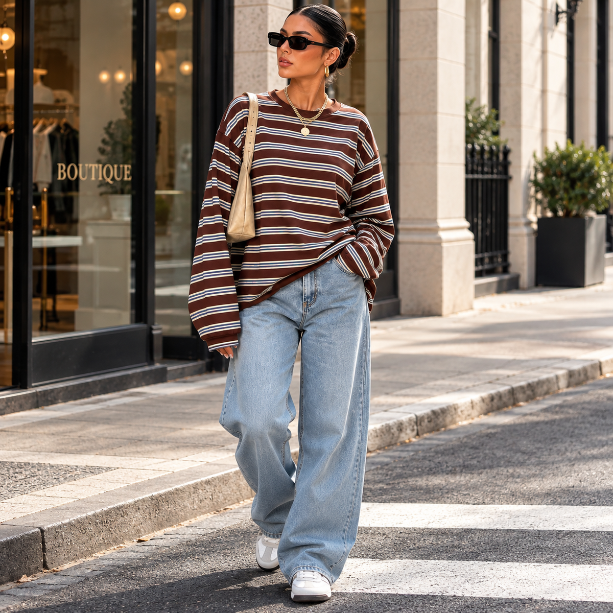Brown striped relaxed long-sleeve top styled with wide-leg jeans
