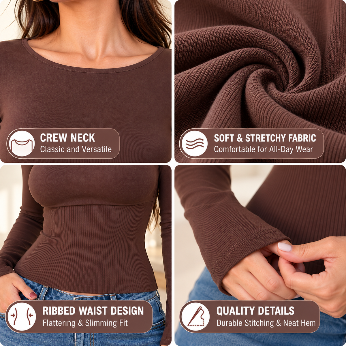 Women's Casual Long Sleeve Crew Neck Ribbed Waist Slim Fit Top