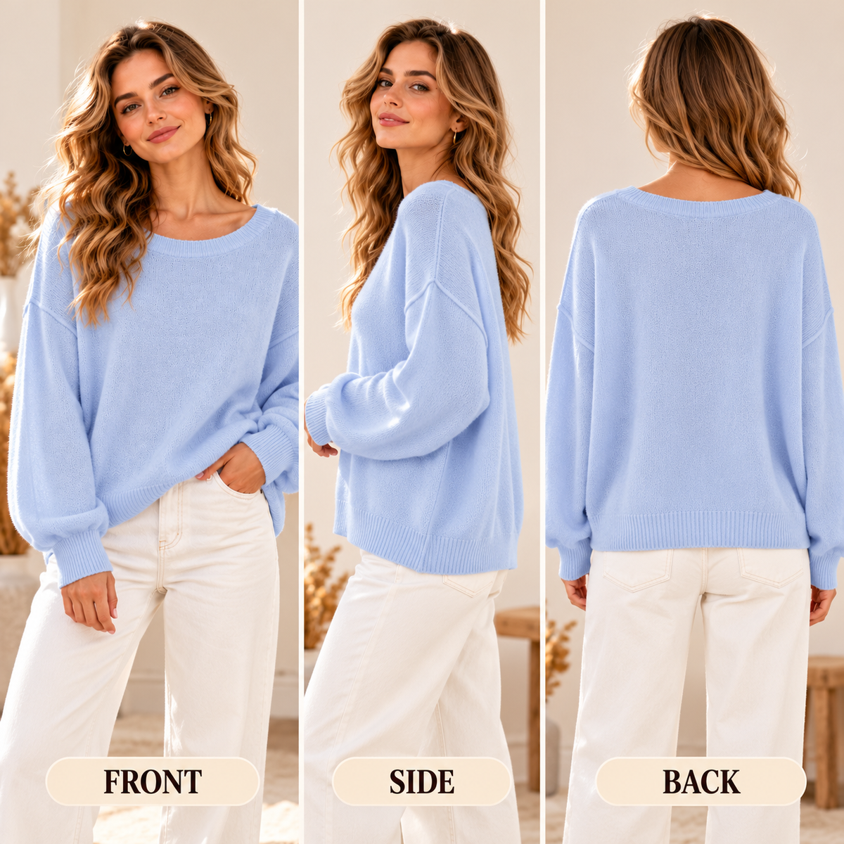 Women's Cozy Solid Color Crew Neck Relaxed Fit Knit Sweater