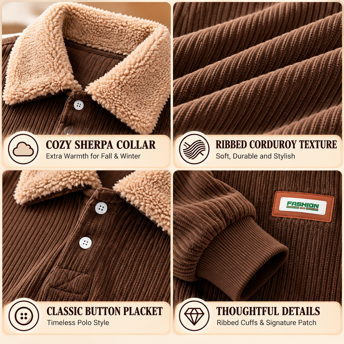 Corduroy pullover details showing plush sherpa-style collar, vertical ribbed texture, short button placket and ribbed cuff