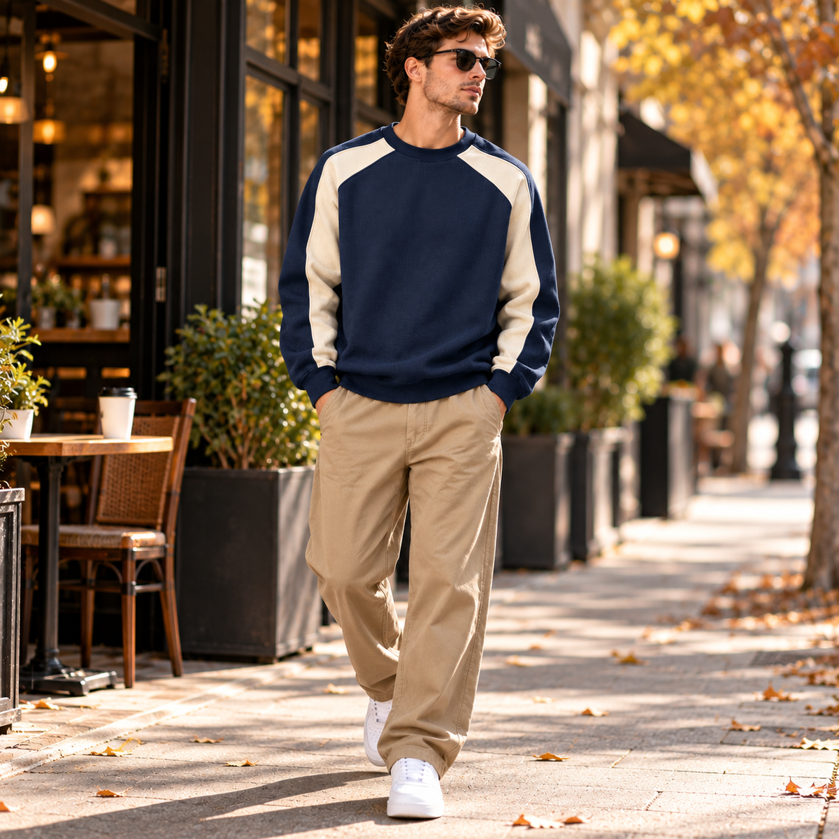 Men's Retro Color Block Crew Neck Relaxed Fit Pullover Sweatshirt