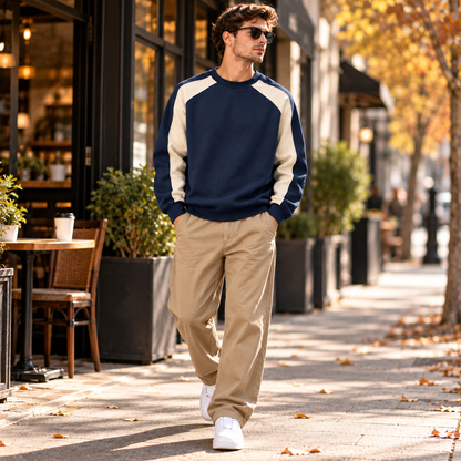 Men's Retro Color Block Crew Neck Relaxed Fit Pullover Sweatshirt