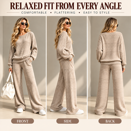 Women's Cozy Textured Knit Crew Neck Sweater and Wide Leg Pants Lounge Outfit